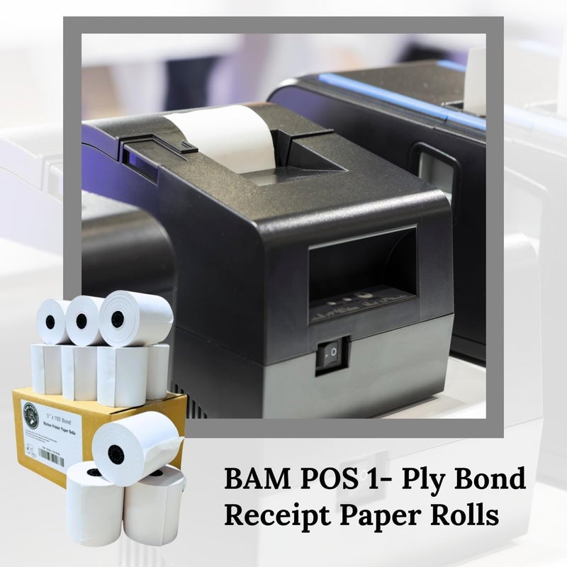 BAM POS Bright White 3"" x 150' 1-Ply Bond Receipt Paper Rolls (12 Rolls) - Image 2